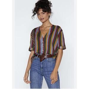 Nasty Gal Striped Button-Up Crop Top Short Sleeve size 12/8